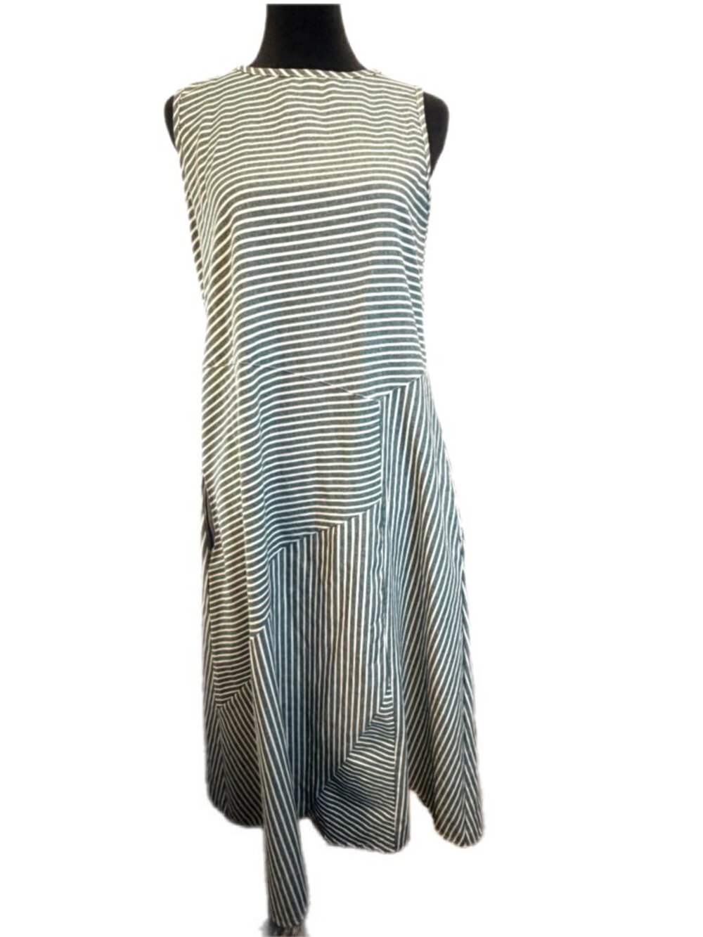 Green & White Striped Sleeveless Dress – Linen Blend Feel, Asymmetrical Easy